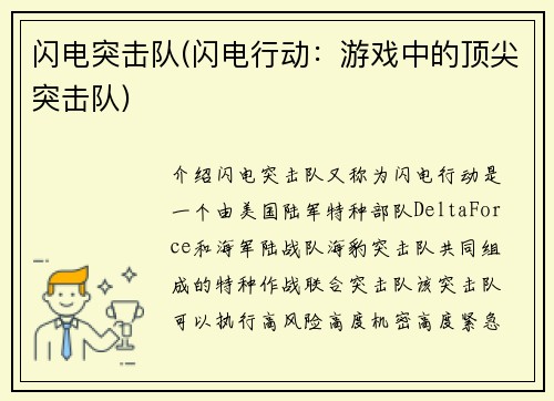 闪电突击队(闪电行动：游戏中的顶尖突击队)